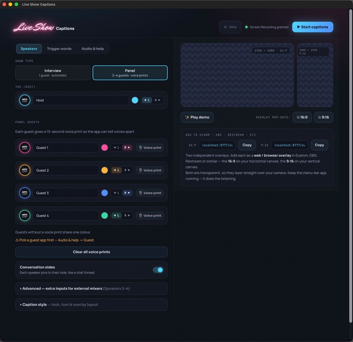 Live Show Captions control panel