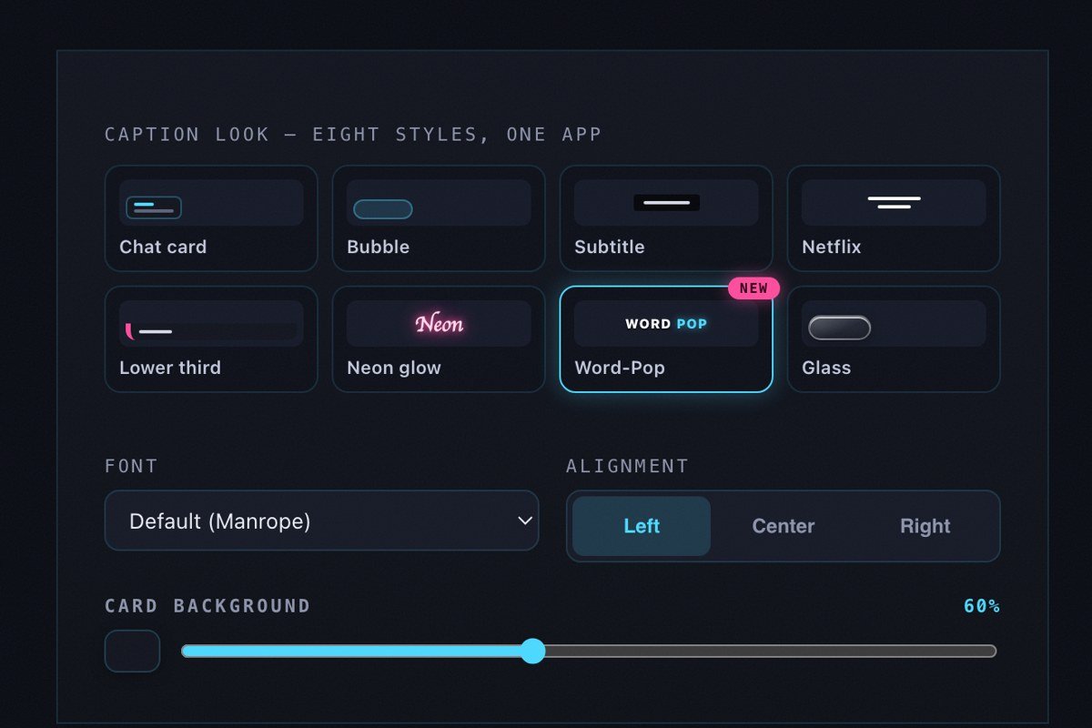 Eight caption looks in the control panel — Chat card, Bubble, Subtitle, Netflix, Lower third, Neon glow, Word-Pop and Glass