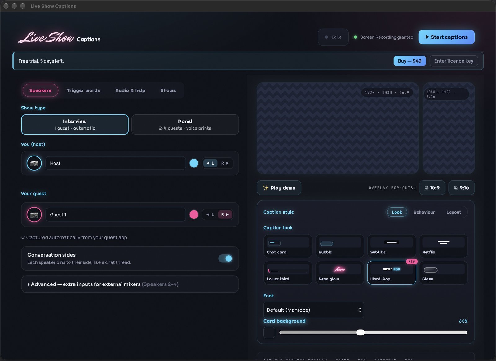 The redesigned Live Show Captions control panel with speakers, caption styles and live previews