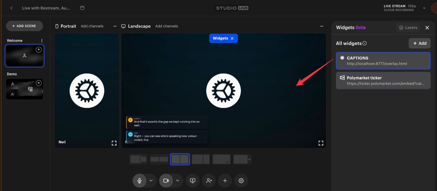 Live Show Captions running as a widget in Restream Studio — colour-coded captions for host and guest on the landscape canvas