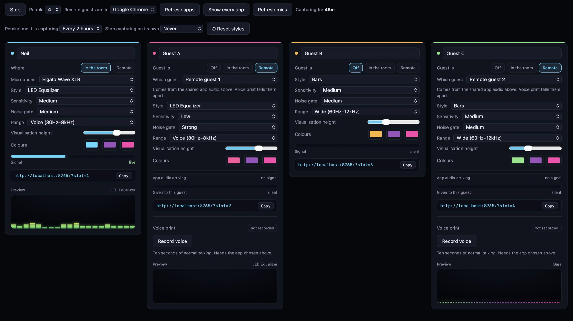 Voice Visualizer Show Control window, showing four people side by side, each with their own style, sensitivity, noise gate, frequency range, visualisation height, colours and browser source URL, with a live preview of their visualizer.